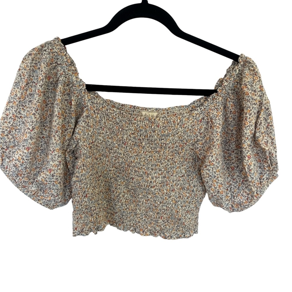 Altar'd State Cream Floral Smocked Puff-Sleeve Crop Top